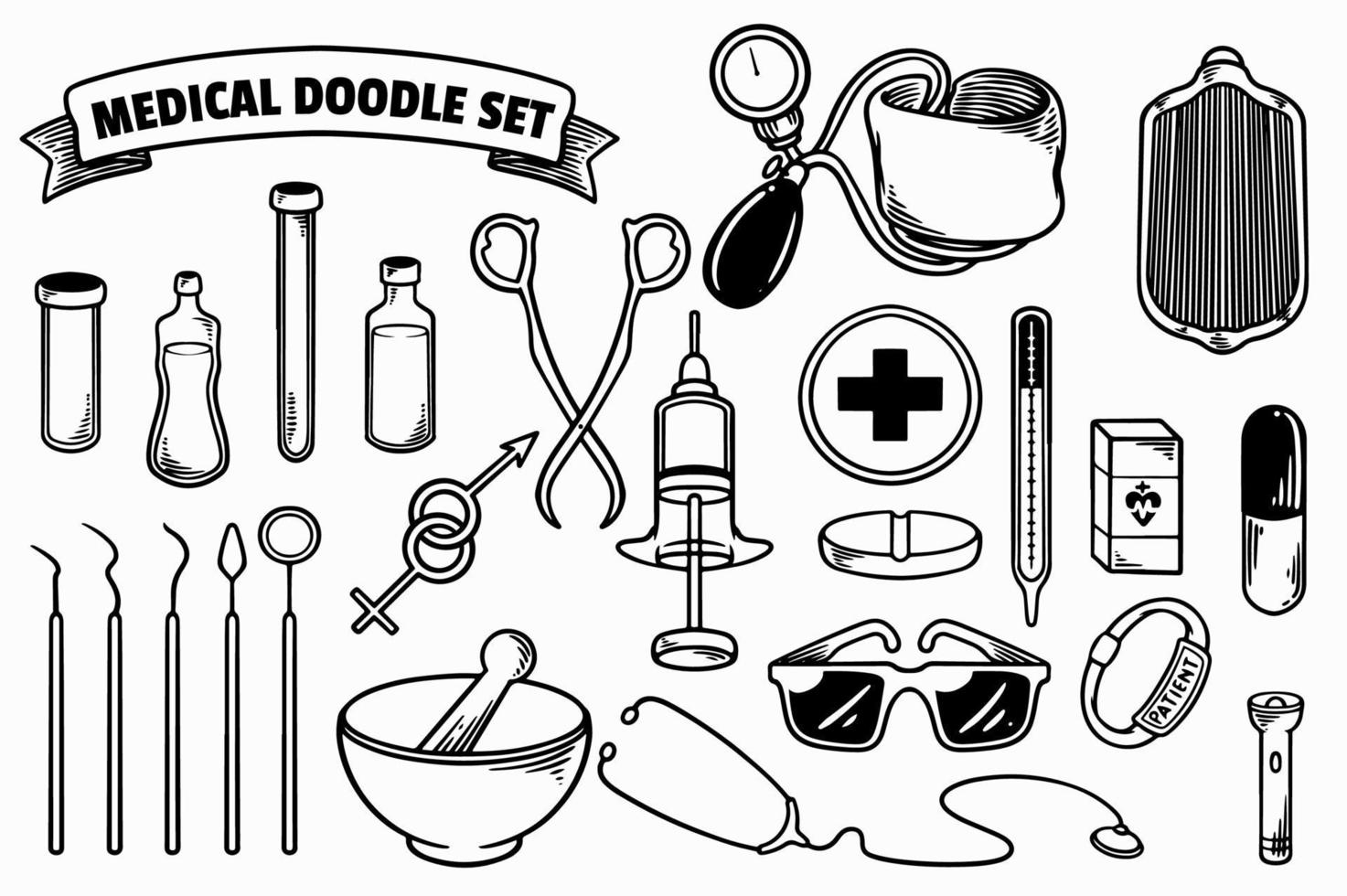 hand getekende set van medische apparatuur spullen doodle op witte achtergrond. vector