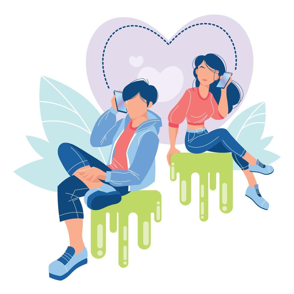 jonge moderne jongen en meisje zitten en hebben op afstand een romantisch gesprek aan de telefoon. vector