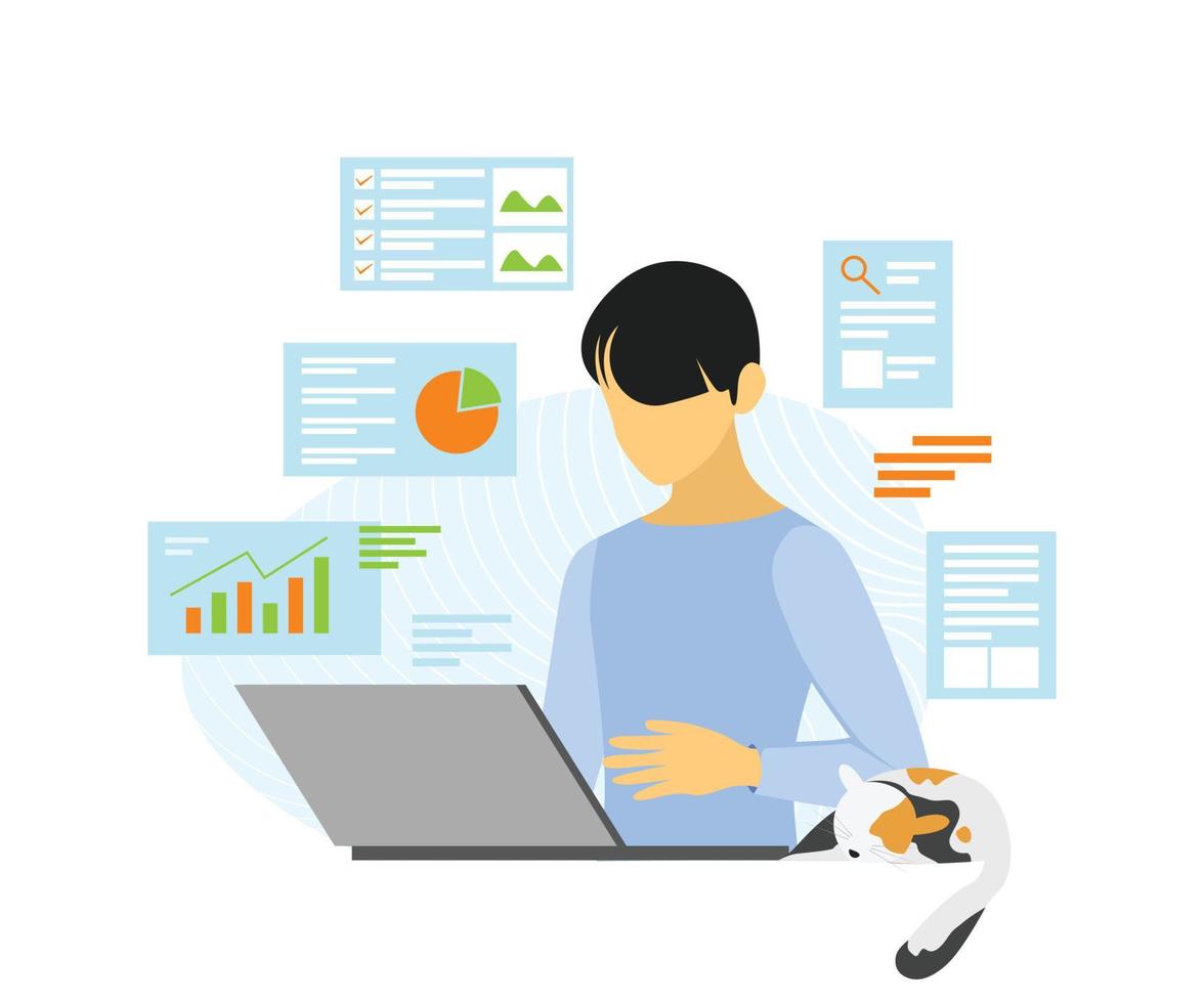 illustratie van een man die thuis werkt met een laptop die digitale marketingstrategie analyseert vector