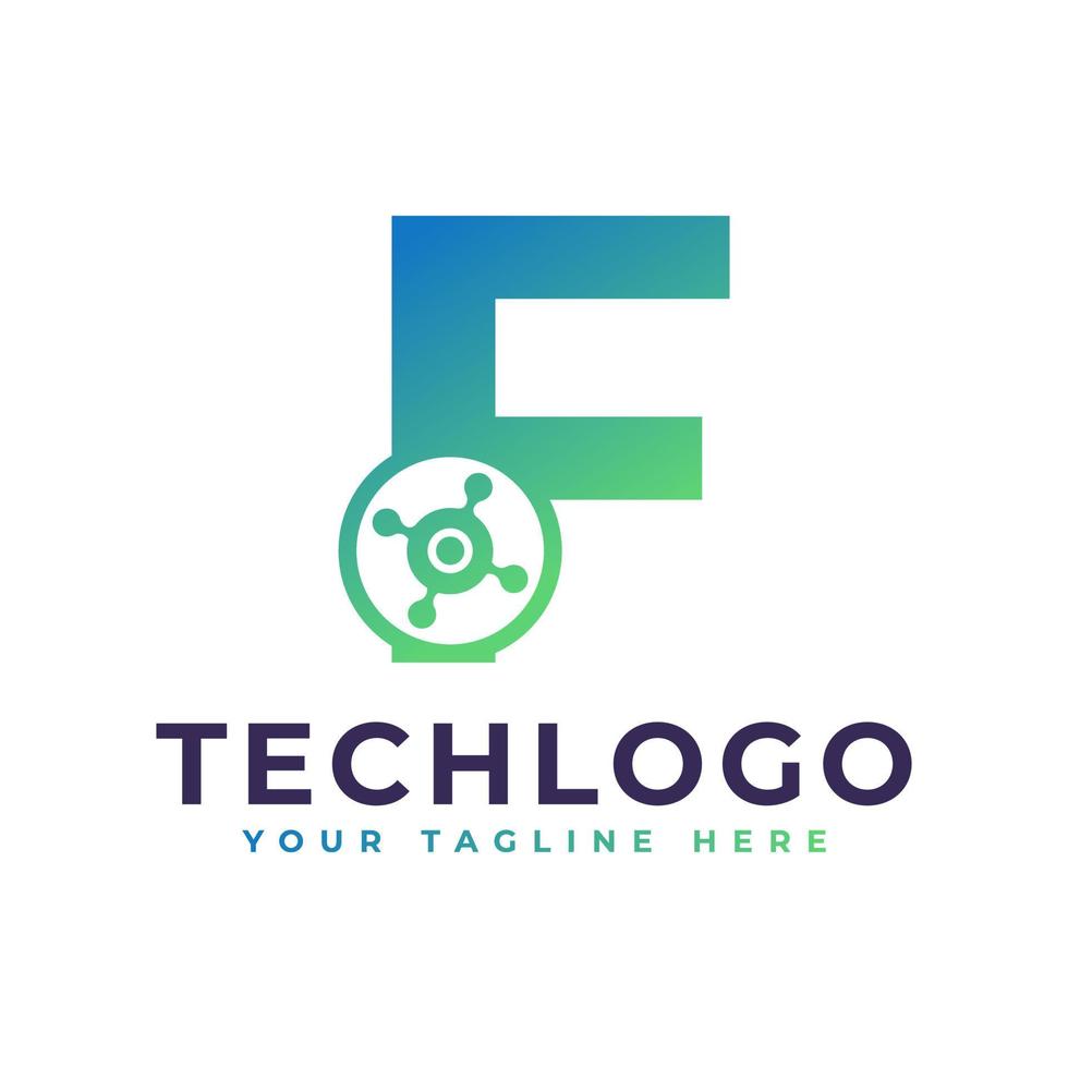tech letter f-logo. groene geometrische vorm met stip cirkel verbonden als netwerk logo vector. bruikbaar voor bedrijfs- en technologielogo's. vector