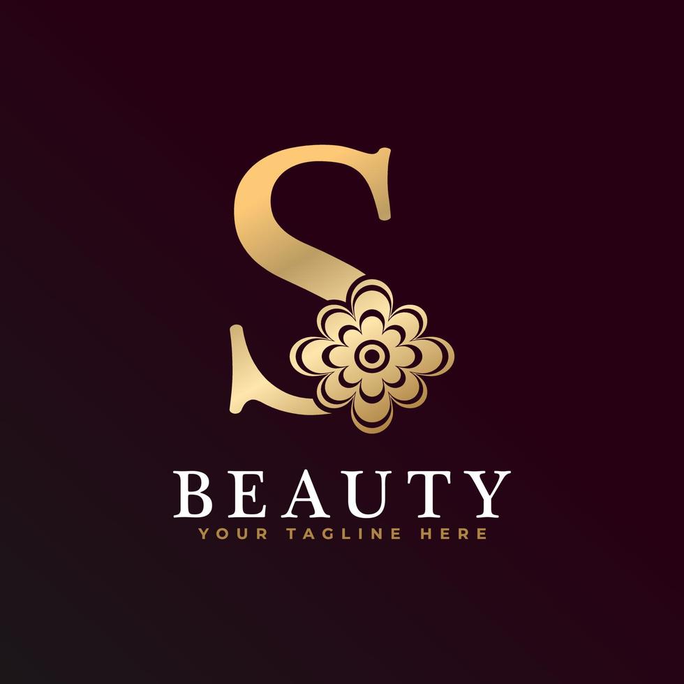 elegant s luxe logo. gouden bloemen alfabet logo met bloemen bladeren. perfect voor mode, sieraden, schoonheidssalon, cosmetica, spa, boetiek, bruiloft, postzegel, hotel- en restaurantlogo. vector