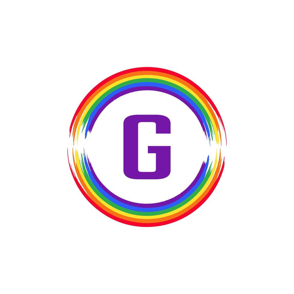 letter g binnen cirkelvormig gekleurd in regenboogkleur vlagborstel logo-ontwerpinspiratie voor lgbt-concept vector
