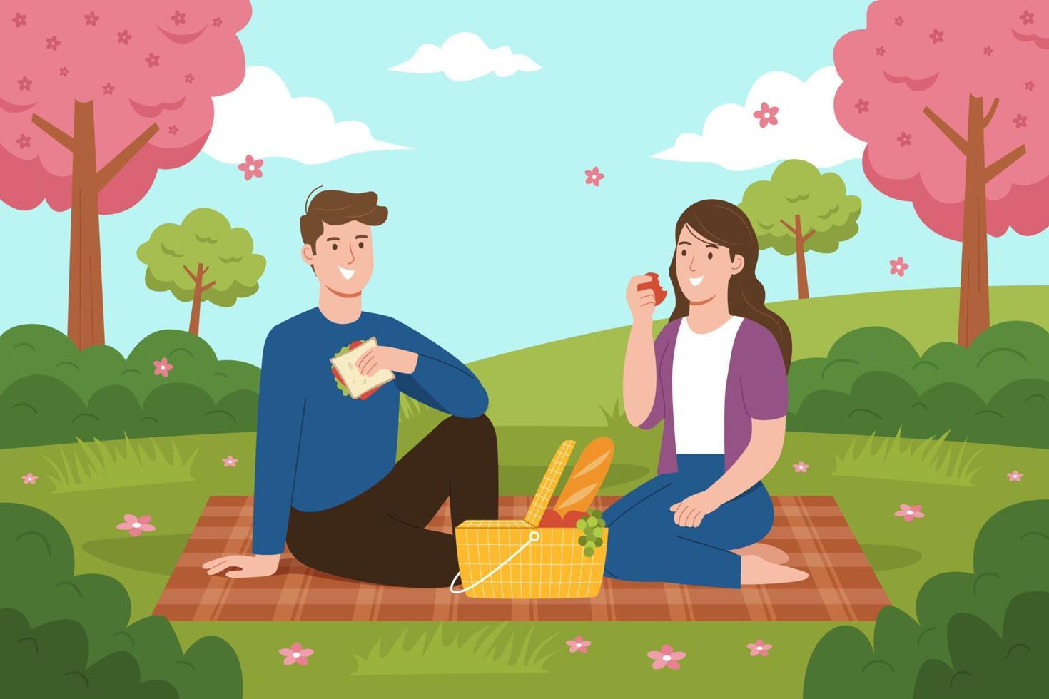 paar met picknick in het park vector