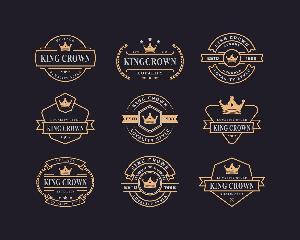 vintage retro badge voor luxe gouden koning kroon koninklijk logo ontwerp sjabloon elementenset van vintage retro badge voor luxe gouden koning kroon koninklijk logo ontwerp sjabloon element vector