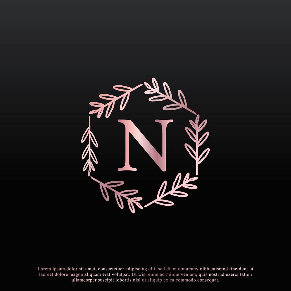 elegant n-letter zeshoekig bloemenlogo met creatieve elegante bladmonogram-taklijn en roze zwarte kleur. bruikbaar voor bedrijfs-, mode-, cosmetica-, spa-, wetenschaps-, medische en natuurlogo's. vector