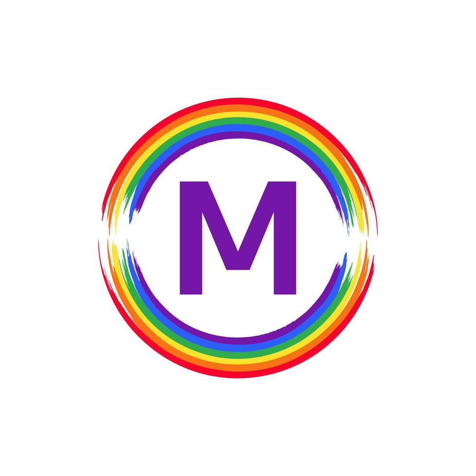 letter m binnen cirkelvormig gekleurd in regenboogkleur vlagborstel logo-ontwerpinspiratie voor lgbt-concept vector