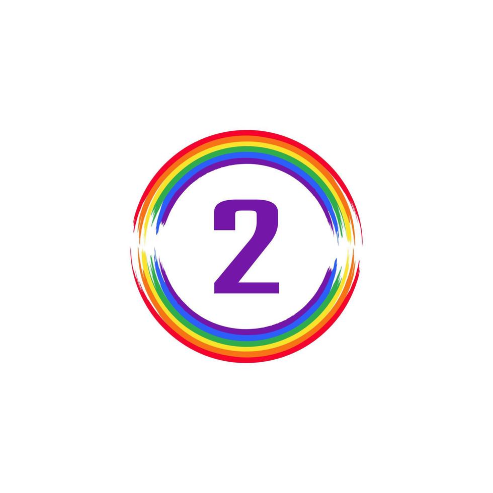 nummer 2 binnen cirkelvormig gekleurd in regenboogkleur vlagborstel logo-ontwerpinspiratie voor lgbt-concept vector