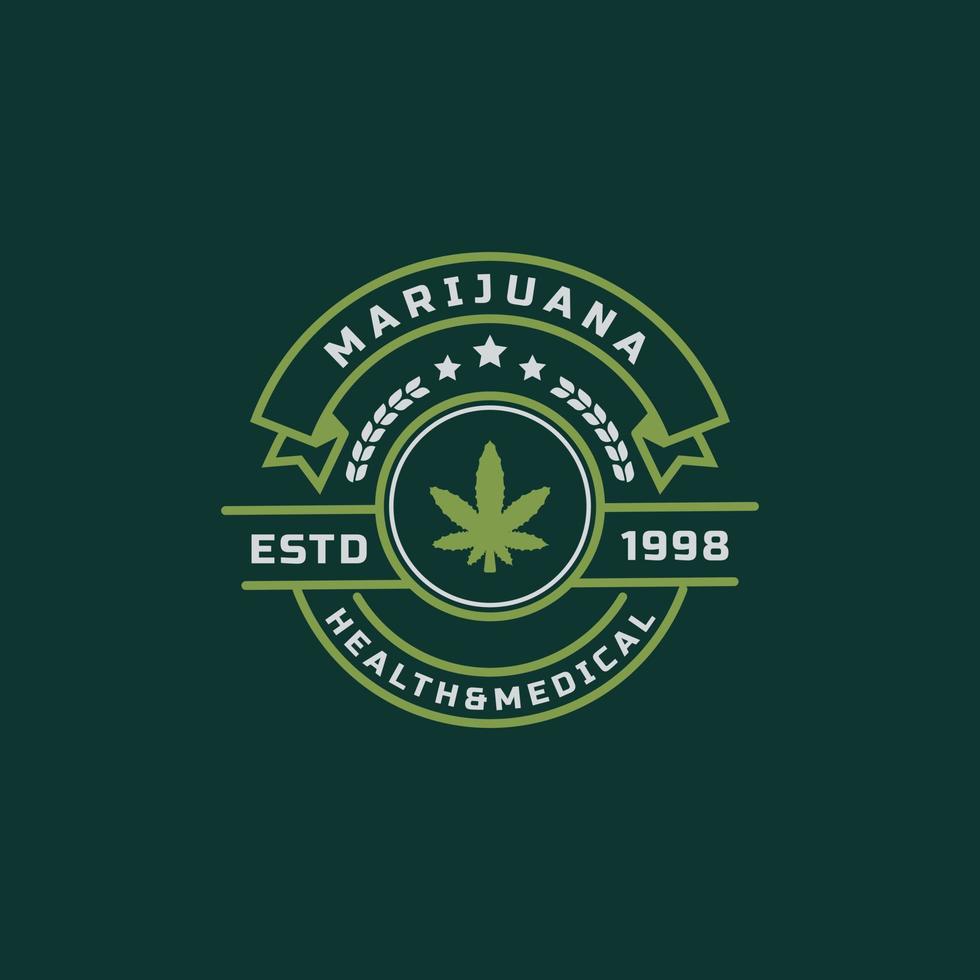 vintage retro badge voor marihuana cannabis hennep pot blad thc cbd gezondheid en medische therapie logo embleem ontwerp symbool vector