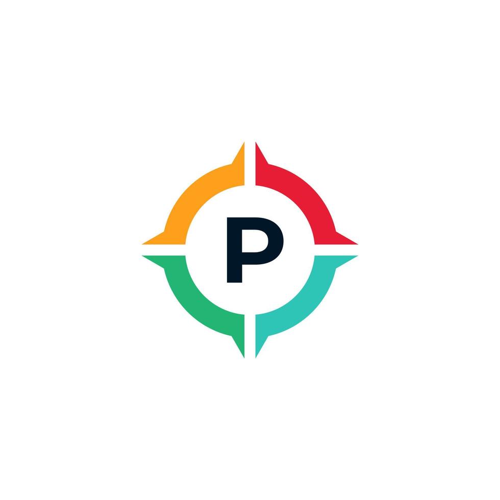 kleurrijke letter p binnen kompas logo ontwerpsjabloon element vector