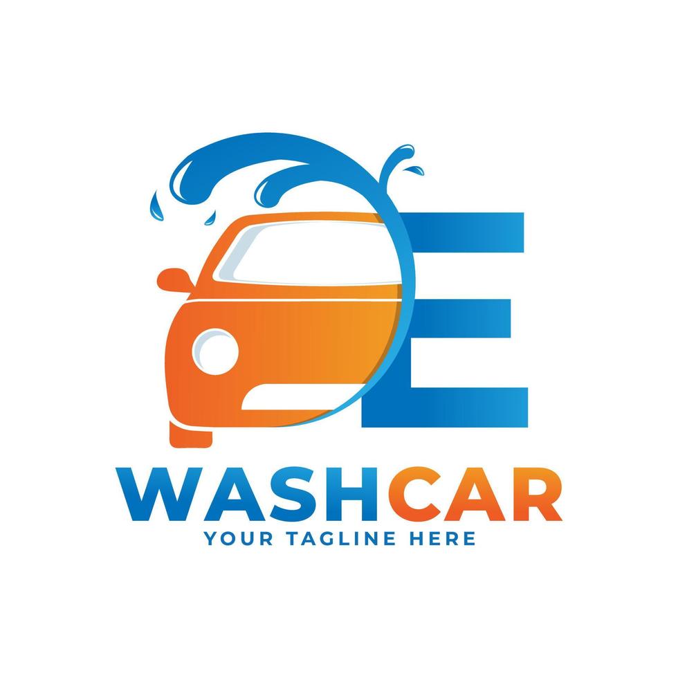 letter e met car wash logo, schoonmaak auto, wassen en service vector logo ontwerp.