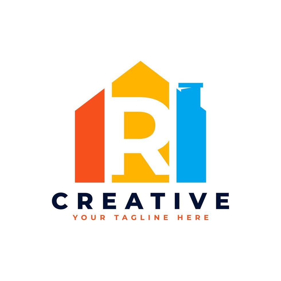 letter r-logo. huisstrookvorm met negatieve letter r. bruikbaar voor bouw architectuur gebouw logo vector