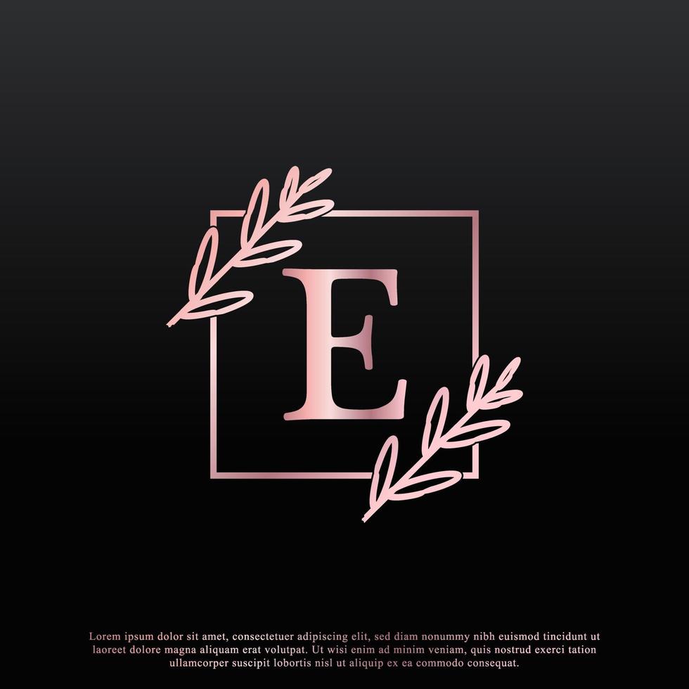 elegant e-letter vierkant bloemenlogo met creatieve elegante bladmonogram-taklijn en roze zwarte kleur. bruikbaar voor bedrijfs-, mode-, cosmetica-, spa-, wetenschaps-, medische en natuurlogo's. vector