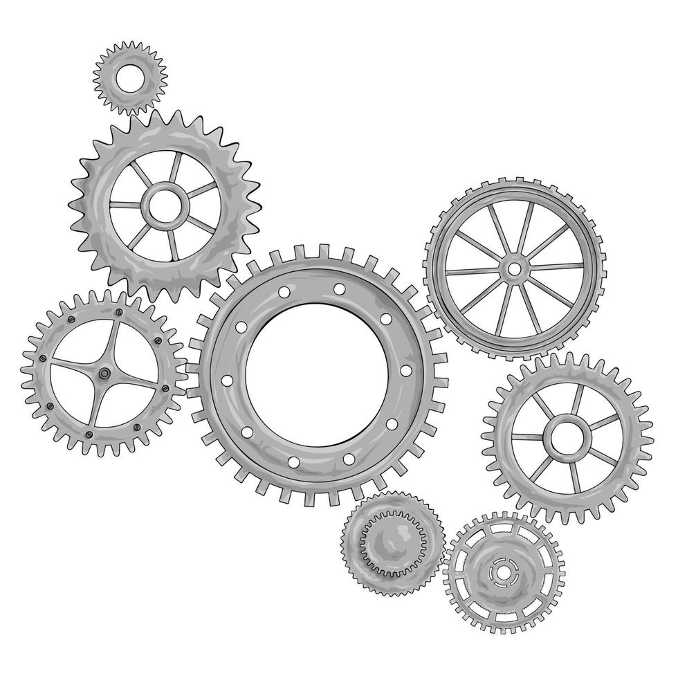 vectorillustratie van een versnelling. grijze ronde tandwielelementen van het mechanisme. groep zilveren geïsoleerde details. vector