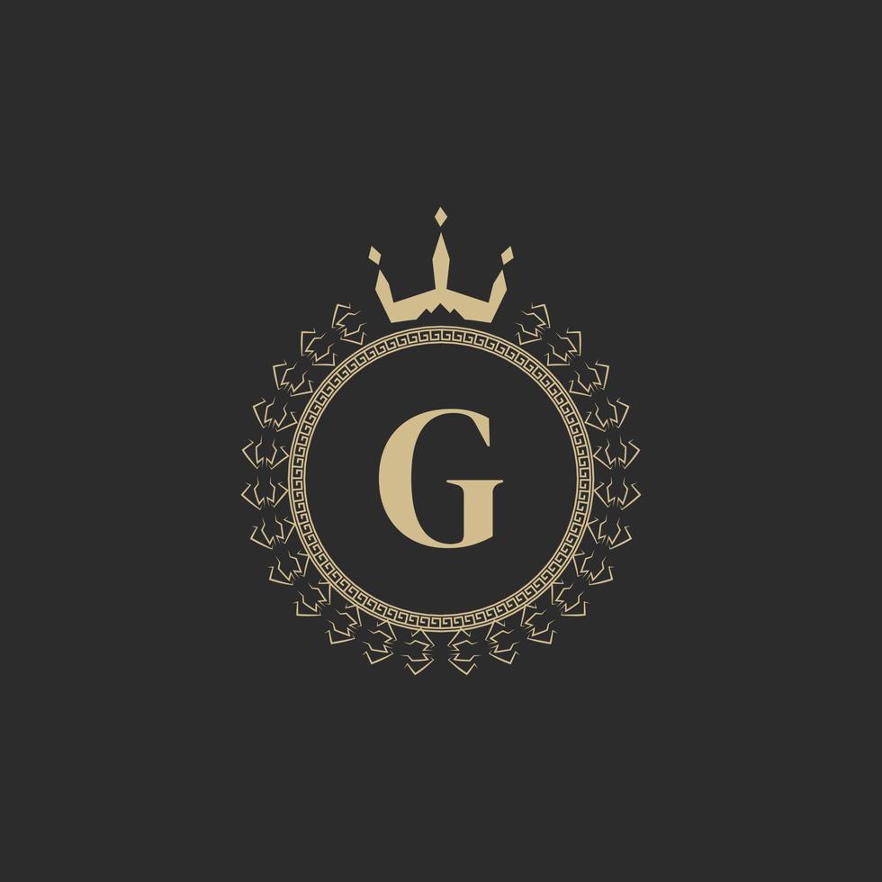 eerste letter g heraldische koninklijke frame met kroon en lauwerkrans. eenvoudig klassiek embleem. ronde compositie. grafische stijl. kunstelementen voor logo-ontwerp vectorillustratie vector