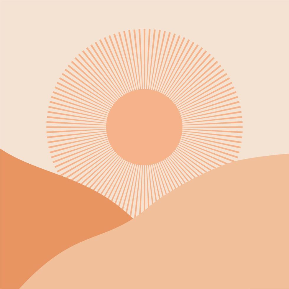 abstracte hedendaagse esthetische achtergrond met woestijn, bergen, zon. aardetinten, gebrand oranje, terracotta kleuren. boho wanddecoratie. landschappen set met zonsopgang, zonsondergang. aardetinten, pastelkleuren. vector