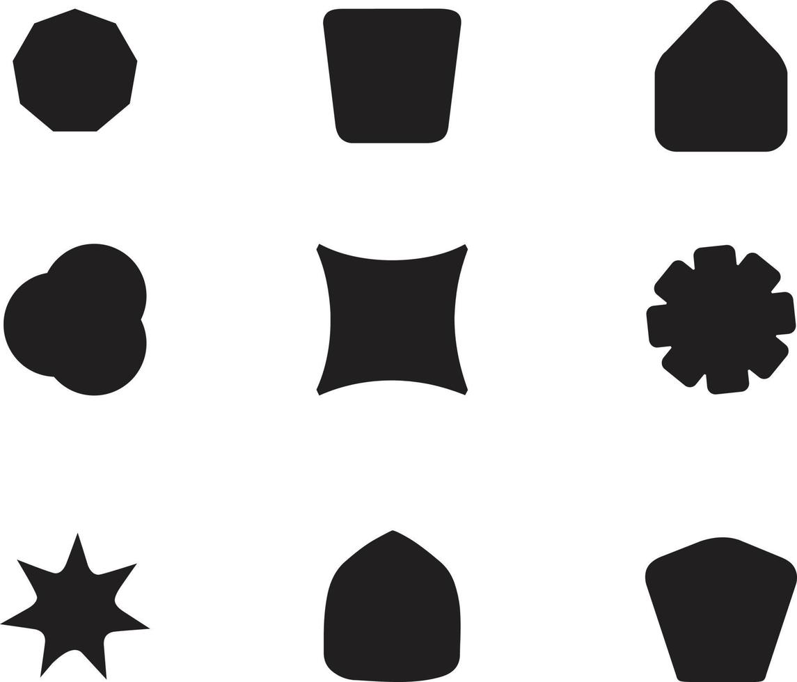 geometrische vormen zwarte silhouet pictogramserie. overzicht cartoon abstracte lege sjabloon voor tekstballon, bericht ballon, tekst opmerking badge, prijskaartje, papier geheugen sticker, denk cloud frame, webbanner vector