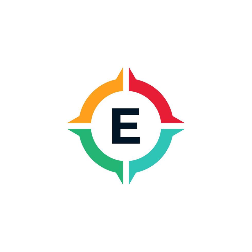 kleurrijke letter e binnen kompas logo ontwerpsjabloon element vector