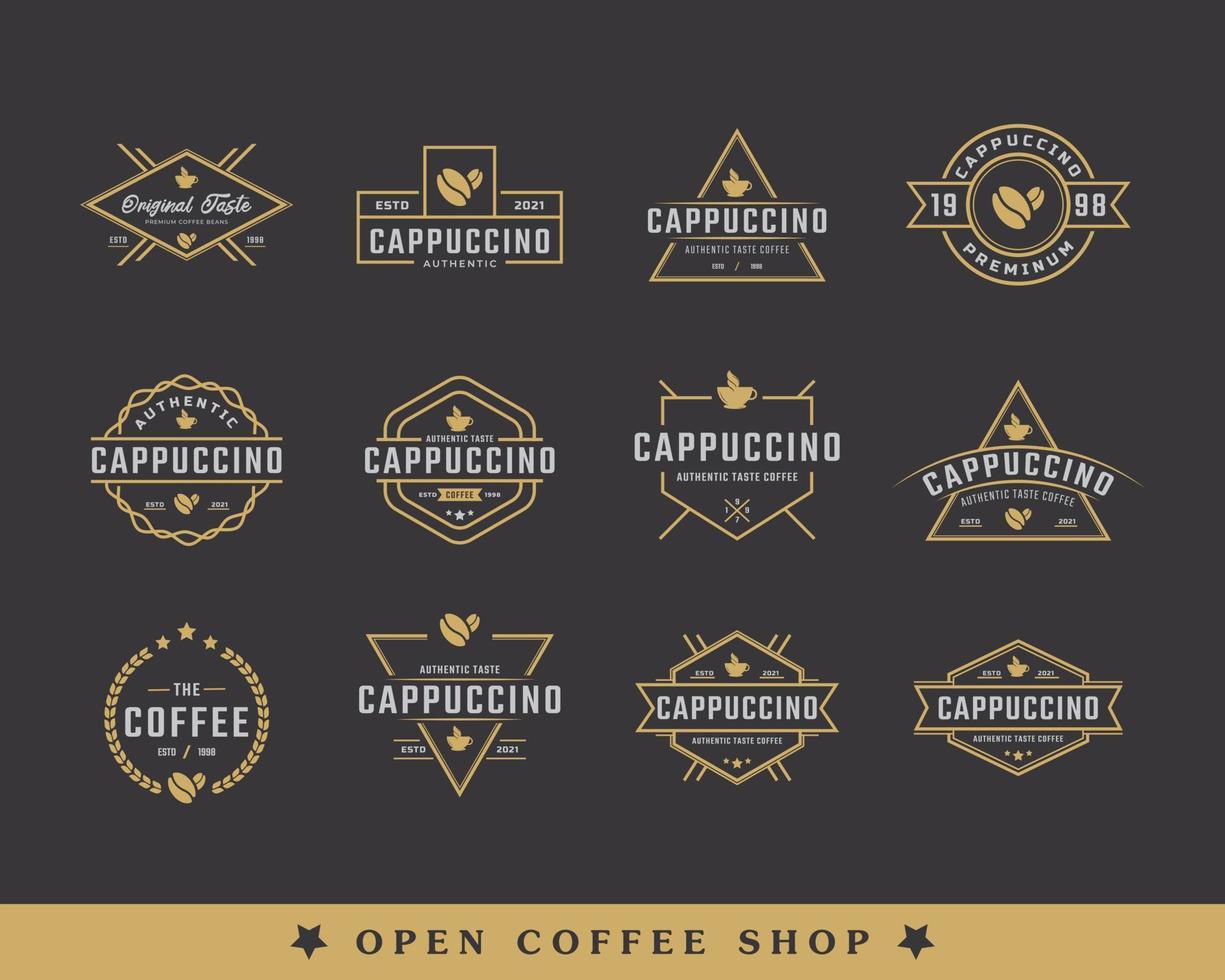 bundel van vintage embleem badge coffeeshop logo met kop en koffiebonen symbool in retro stijl vectorillustratie vector