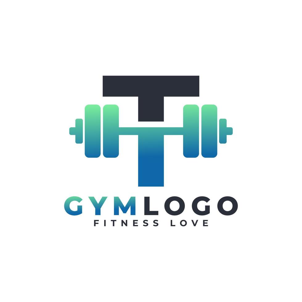 letter t-logo met barbell. sportschool logo. het opheffen van vectorembleemontwerp voor gymnastiek en fitness. alfabet letter logo sjabloon vector