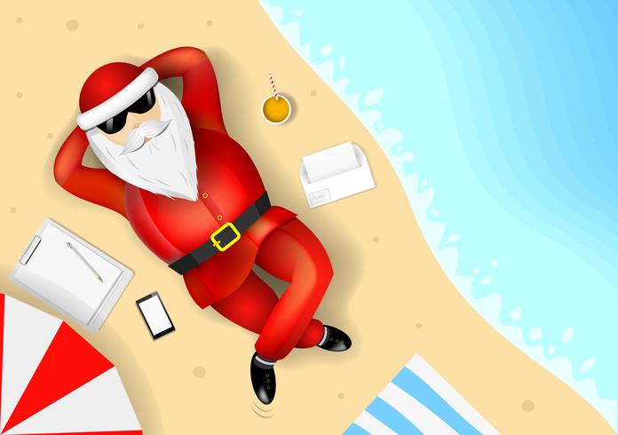 Santa Claus die en op een tropisch strand rust ligt vector