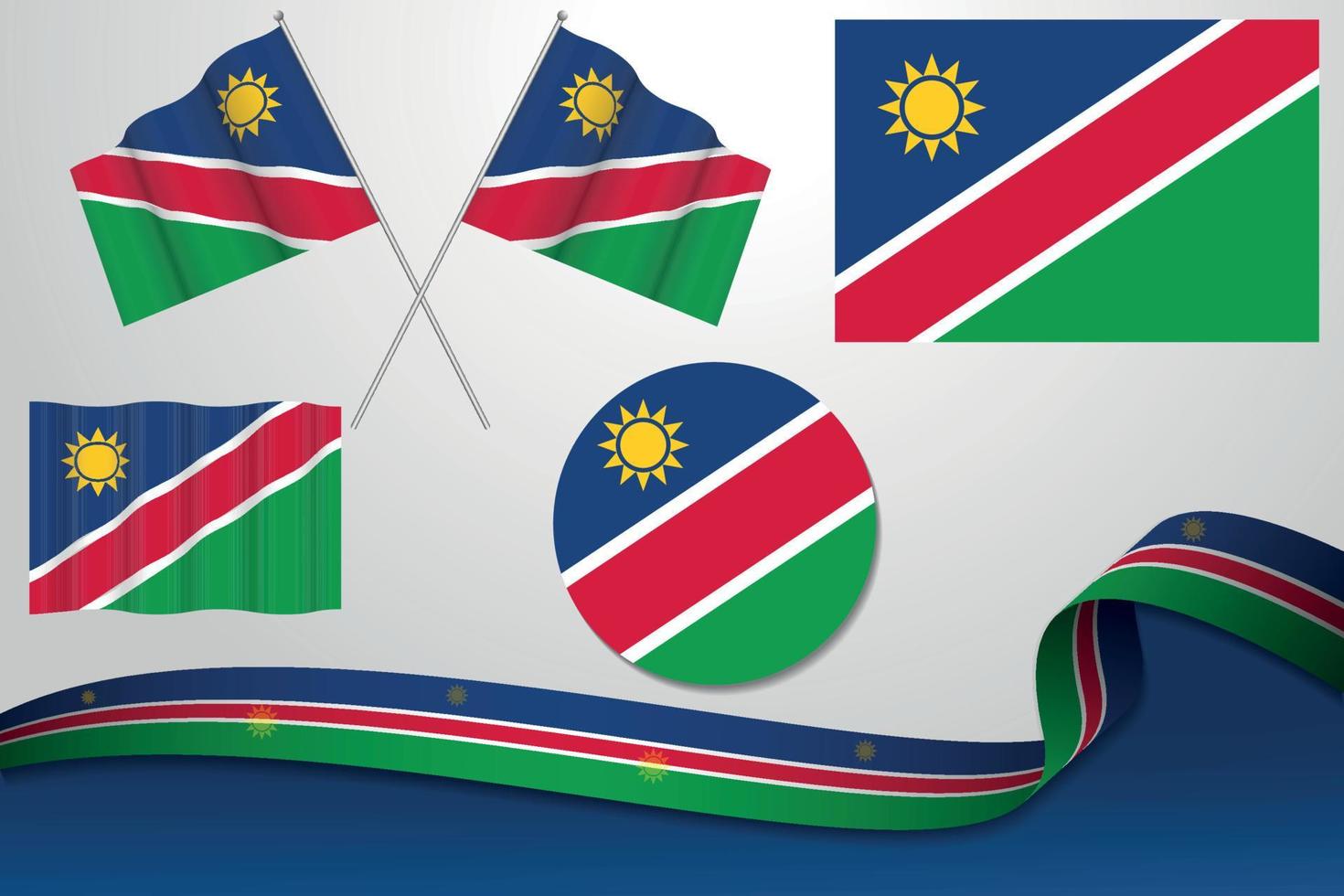 set van Namibië vlaggen in verschillende ontwerpen, pictogram, vlaggen villen met lint met achtergrond. gratis vector