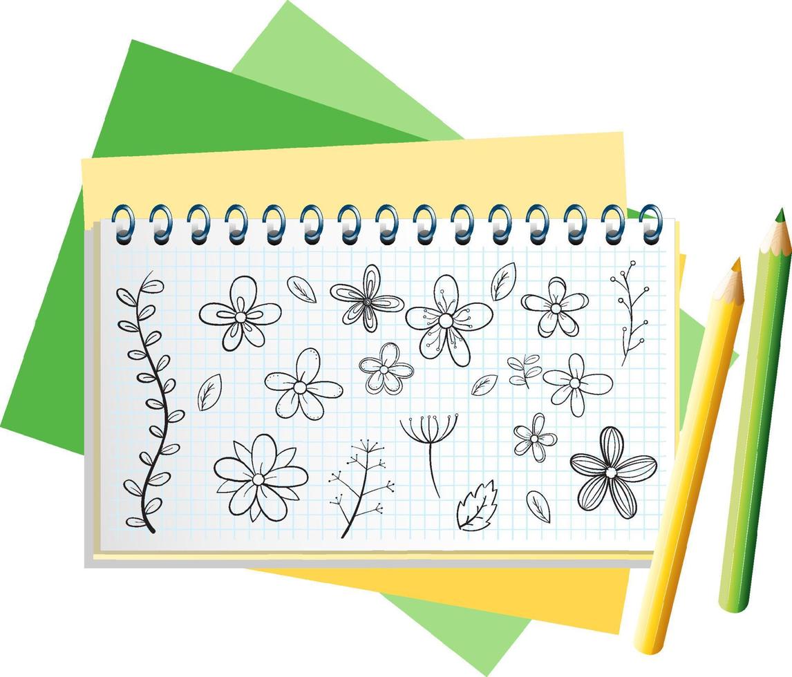 handgetekende doodle-pictogrammen op notebookpagina vector