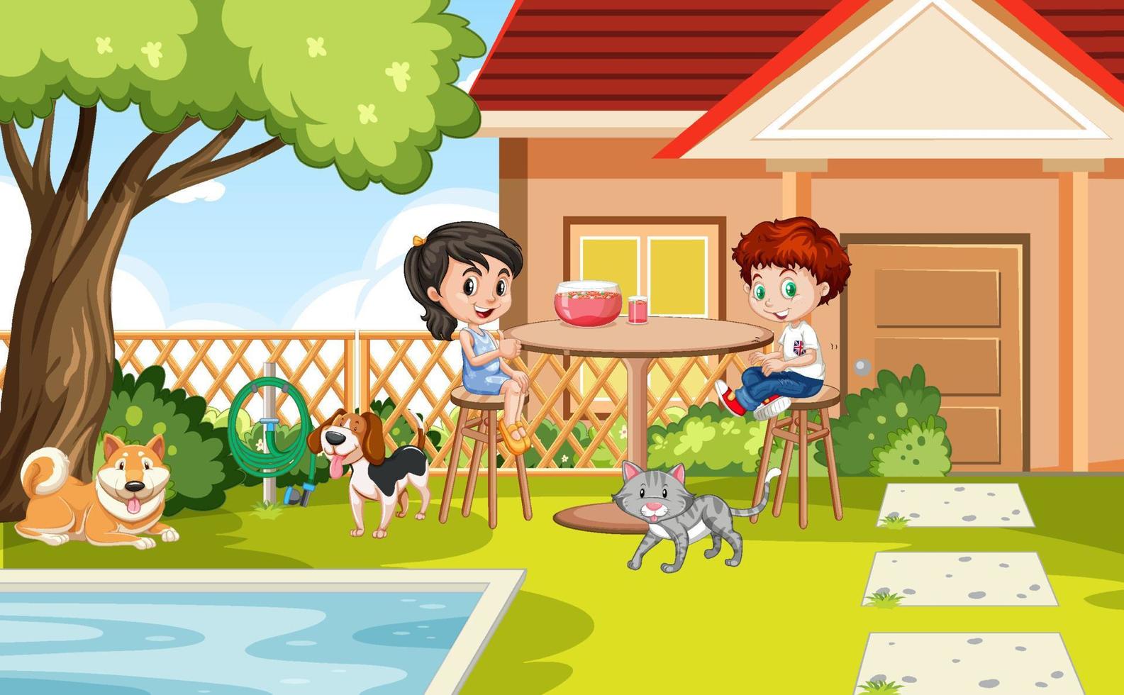 scène van achtertuin met kinderen en hek vector