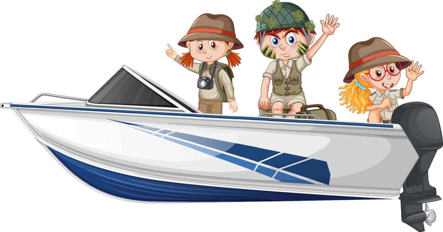 jongen en meisje in safari-outfit zittend op een boot op een witte achtergrond vector