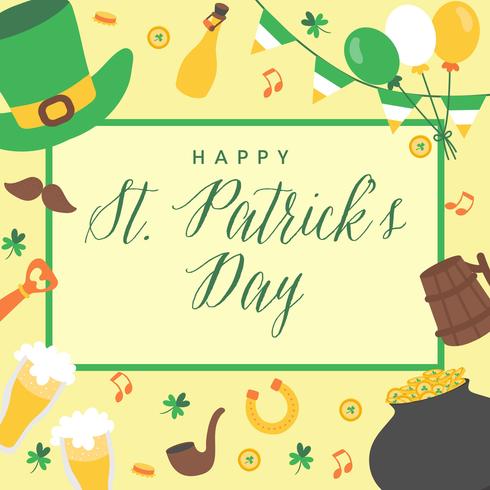 Saint Patrick&#39;s Day Achtergrond Hand Drawn.Irish muziek, kabouter hoed, vlaggen, bierpullen, pot met gouden munten. Vector - illustratie