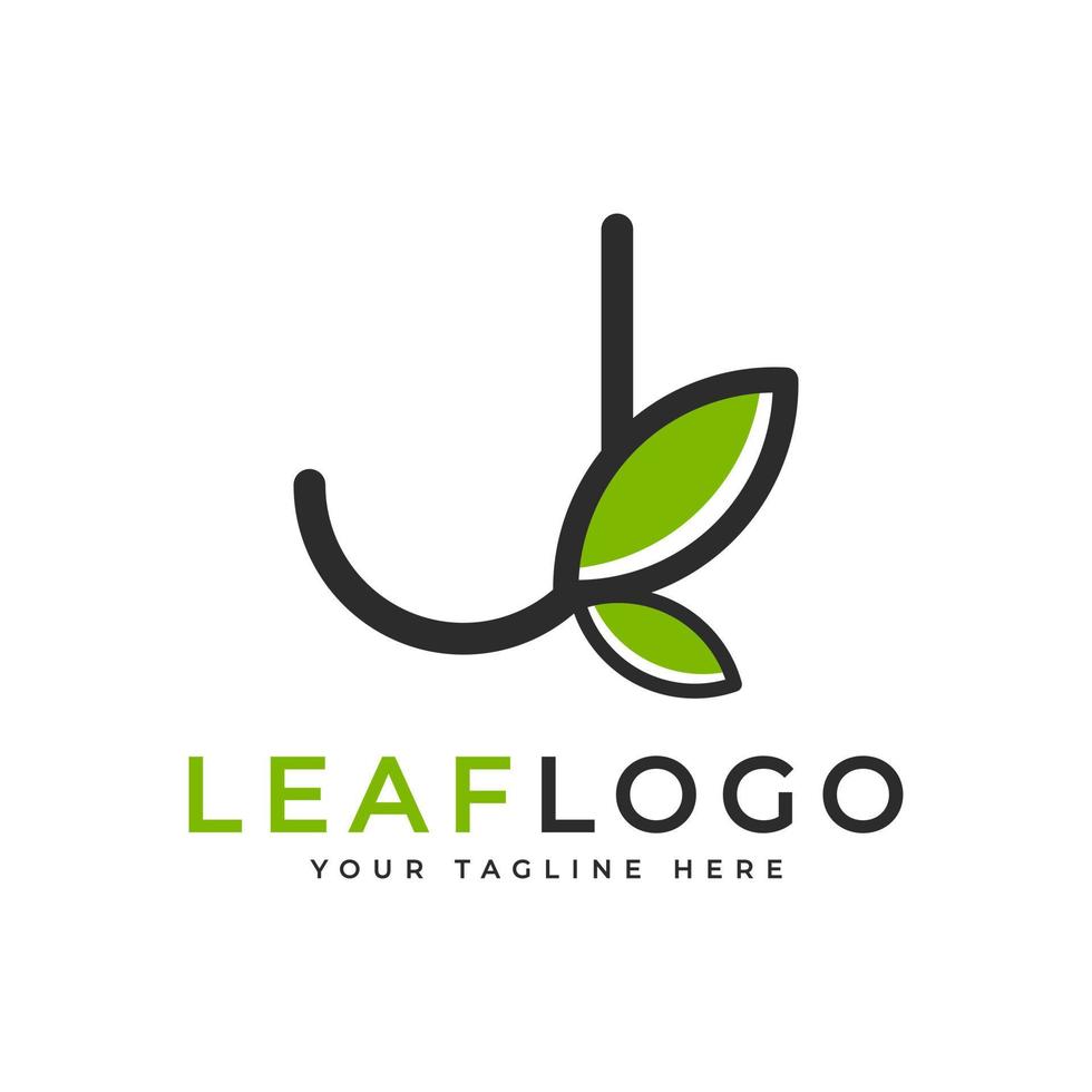 creatief eerste letter j-logo. zwarte vorm lineaire stijl gekoppeld aan groen blad symbool. bruikbaar voor bedrijfs-, gezondheidszorg-, natuur- en boerderijlogo's. platte vector logo-ontwerpideeën sjabloonelement. eps10
