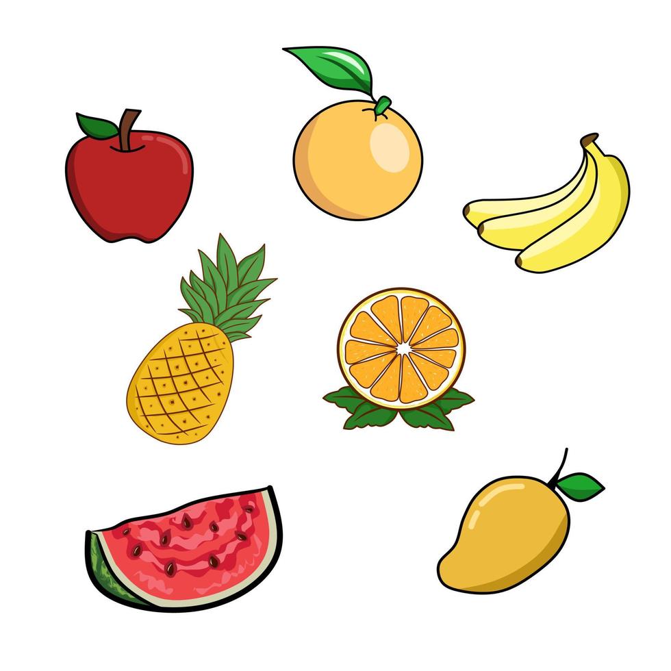 fruit clipart set. bestaande uit appels, bananen, ananassen, sinaasappels, watermeloenen en mango's. kan worden gebruikt als een logo of pictogram. bewerkbare vectorillustratie. vector