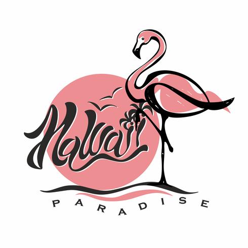 Hawaii. Belettering. Flamingo. Zonsondergang. Logo. Reizen. Vakantie. Welkomstkaart. Toerismeindustrie. Vector. vector