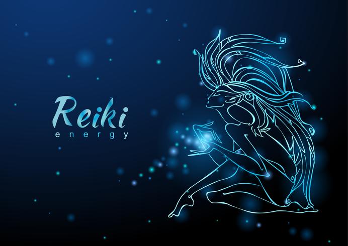 The Reiki Energy. Het meisje met de stroom van energie. Meditatie. Alternatief medicijn. Esoteric. Vector