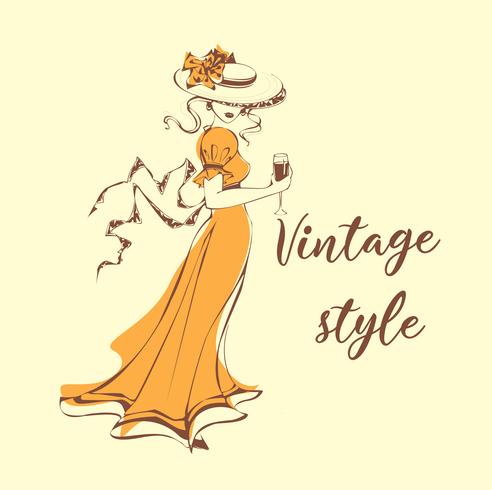 Mooi meisje in hoed met een glas wijn binnen. Vintage-stijl . Dame in retro-jurk. Romantisch vrouwelijk beeld. Vector illustratie.