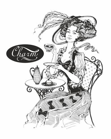 Het meisje met de hoed en de vintage jurk. Lady drinkt thee. Mooie vrouw. Charm. Inscriptie. Graphics. Zwart wit. Vector