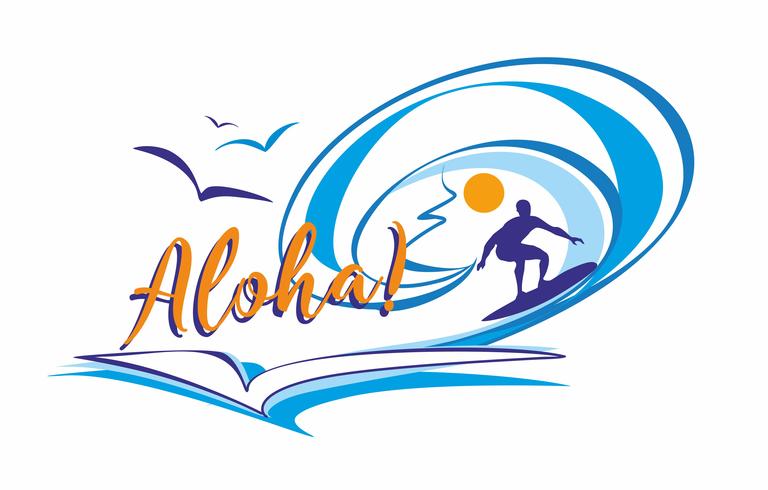 Aloha. Surfer. Belettering. Logo. Het is tijd om te rusten en te reizen. Zeegezicht. Golf. Vector illustratie.