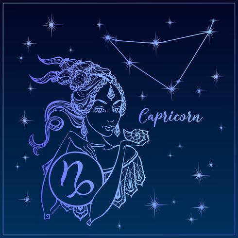 Sterrenbeeld Steenbok een mooi meisje. De constellatie van Steenbok. Nachtelijke hemel. Horoscoop. Astrologie. Vector. vector