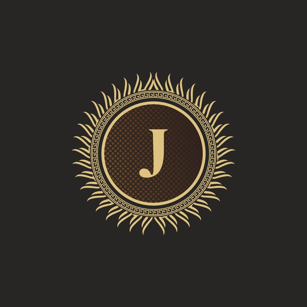 embleem letter j gouden monogram ontwerp. luxe volumetrische logo sjabloon. 3D-lijn ornament voor uithangbord, badge, crest, label, boutique merk, hotel, restaurant, heraldisch. vector illustratie