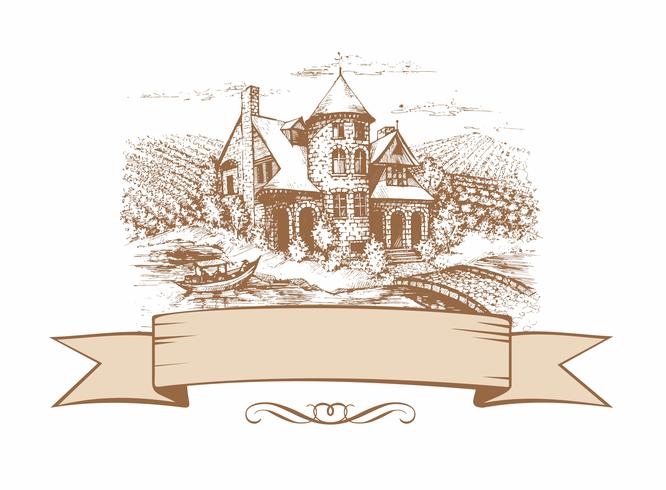 De schets van het kasteel. Gevormde banner. Landschap. Vector illustratie.