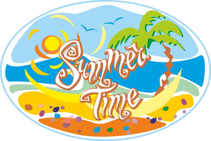 Zomertijd. Belettering. Groet. Zon, meeuwen. Zonnehoed en zonnebril. Zee- en palmbomen. Ontwerpconcept voor toerisme. Vector. vector