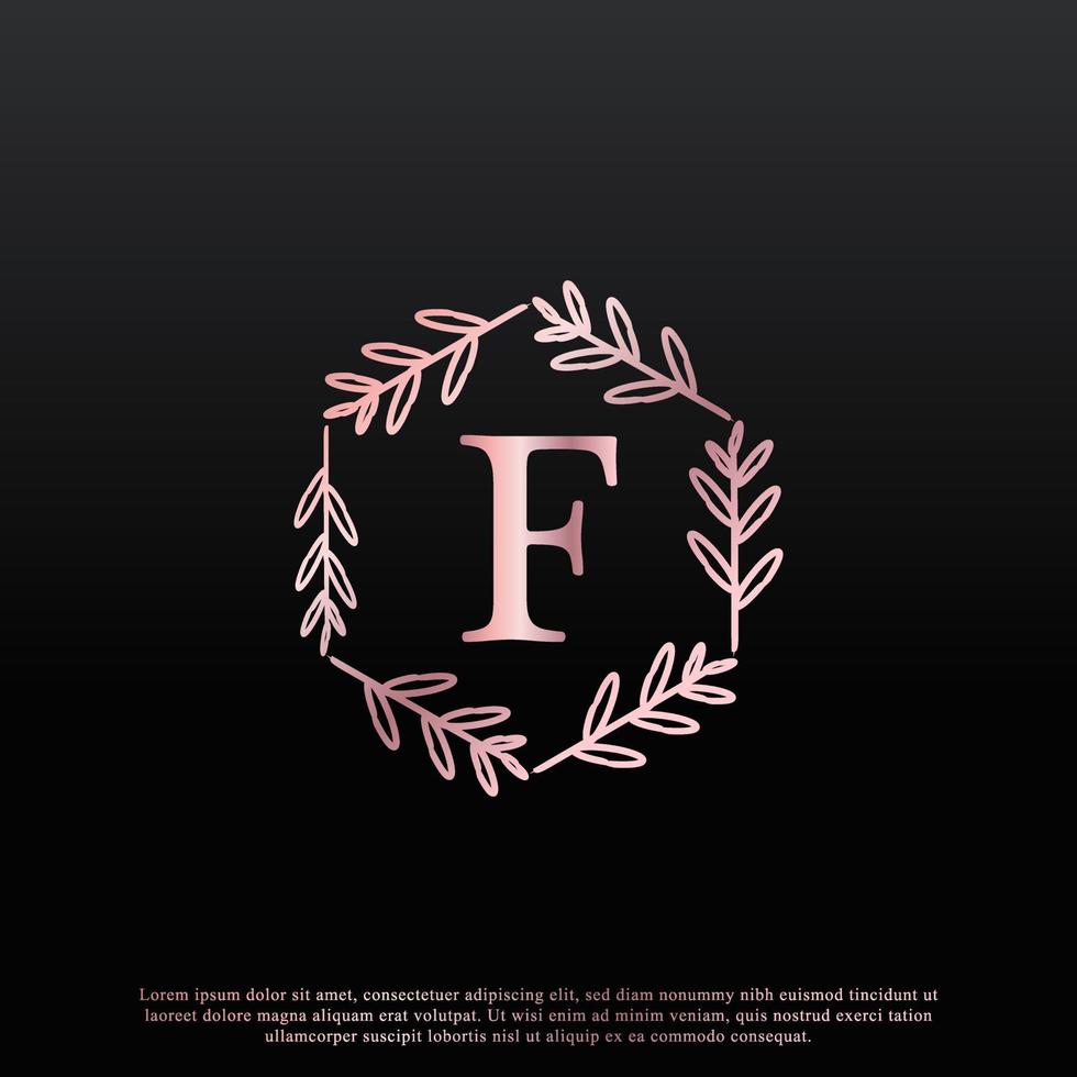 elegant f-letter zeshoekig bloemenlogo met creatieve elegante bladmonogram-taklijn en roze zwarte kleur. bruikbaar voor bedrijfs-, mode-, cosmetica-, spa-, wetenschaps-, medische en natuurlogo's. vector