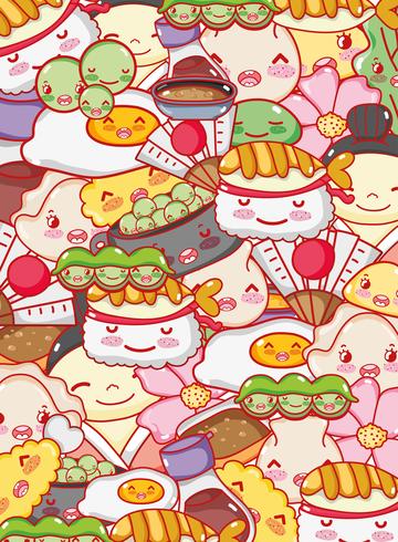 Japanse gastronomie achtergrondkawaii cartoons vector