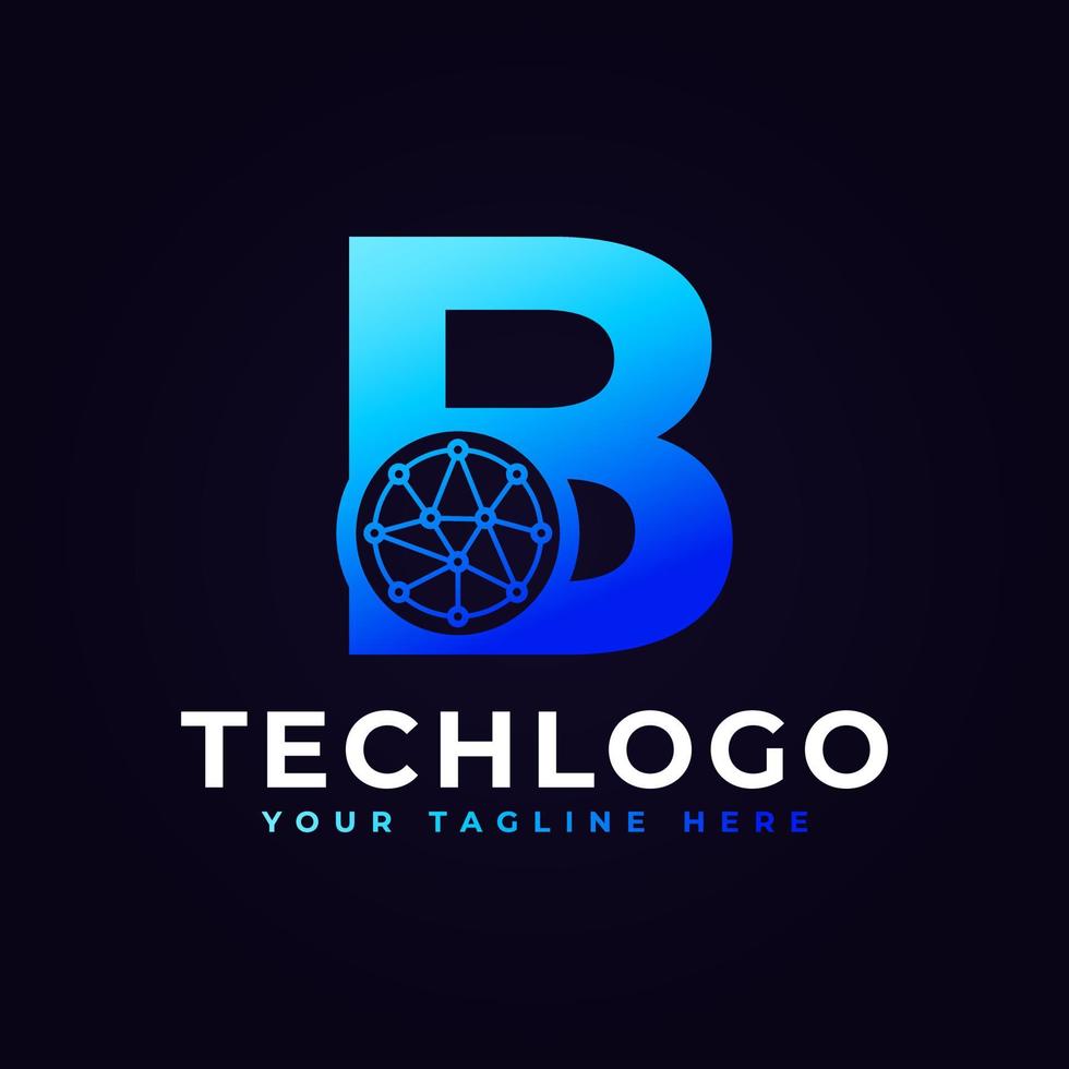 tech letter b-logo. blauwe geometrische vorm met stip cirkel verbonden als netwerk logo vector. bruikbaar voor bedrijfs- en technologielogo's. vector