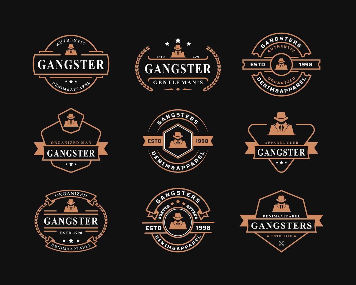 set vintage retro badge voor gangsters en maffia man in zwart pak logo embleem ontwerp symbool vector