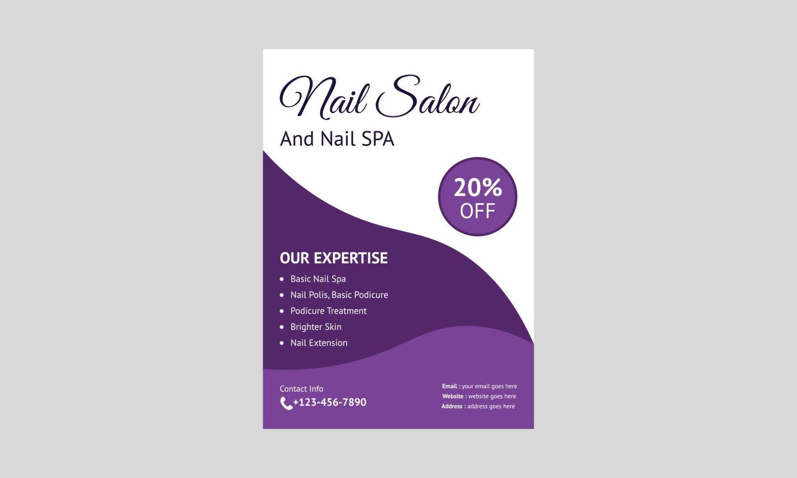 nagel spa service flyer ontwerpsjabloon. nagelsalon service poster folderontwerp. a4 sjabloon, brochureontwerp, omslag, flyer, poster, drukklaar vector