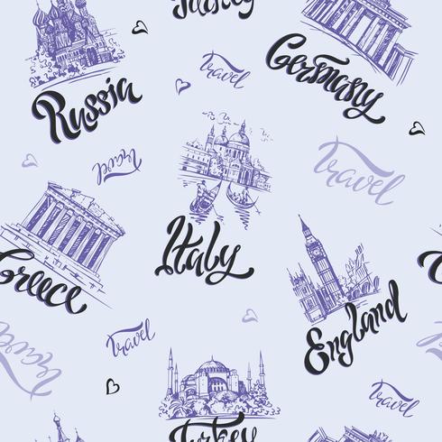 Naadloos patroon. Landen en steden. Belettering. Sketches. Landmarks. Reizen. Rusland, Griekenland, Turkije, Italië, Duitsland. Vector. vector