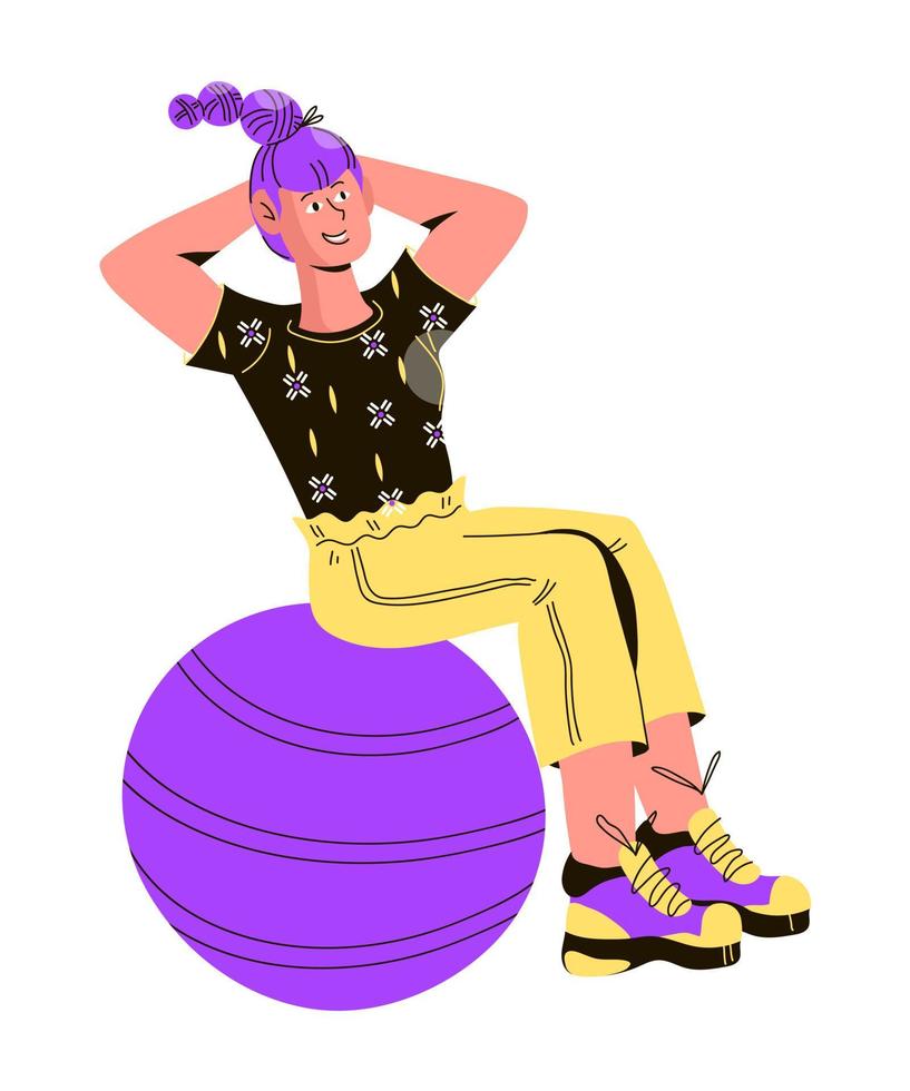 jonge vrouw doet sport oefeningen met fitball, platte cartoon vectorillustratie geïsoleerd op een witte achtergrond. jong atletisch meisje dat een gezonde levensstijl leidt en aan fitness doet. vector