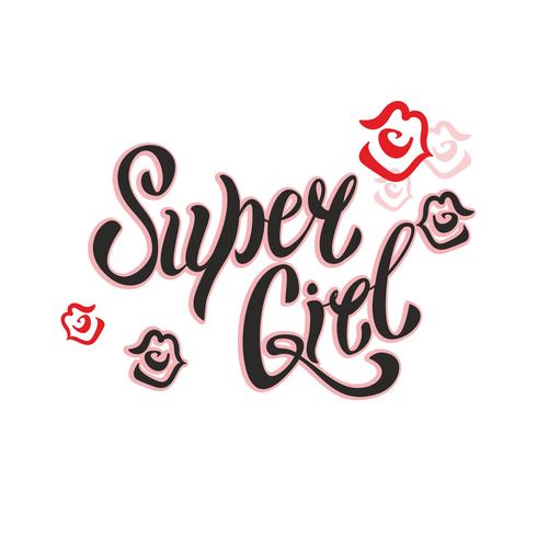 Super meid. Stijlvolle belettering. De lippen van vrouwen. Kus. Lippenstift. Modieuze printkleding en ansichtkaarten. Vector. vector