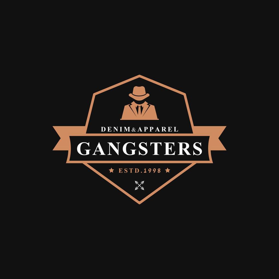 vintage retro badge voor gangsters en maffia man in zwart pak logo embleem ontwerp symbool vector