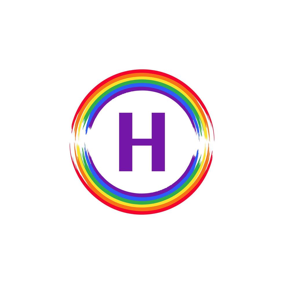 letter h binnen cirkelvormig gekleurd in regenboogkleur vlagborstel logo-ontwerpinspiratie voor lgbt-concept vector